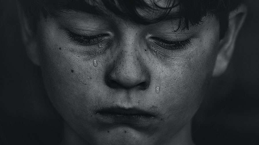 liebevolle trauersprüche kurz Trauriger Junge mit Tränen am Weinen in Schwarz Weiß Bild Portrait